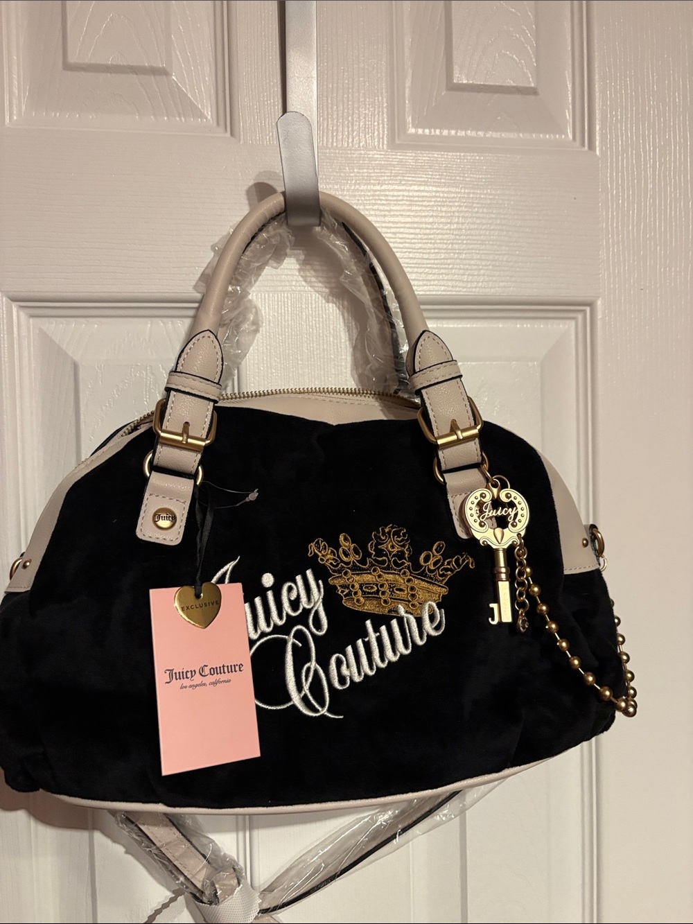 BNWT Juicy Couture Black Velour Bowler Bag Crown Heart Key Charm Y2K